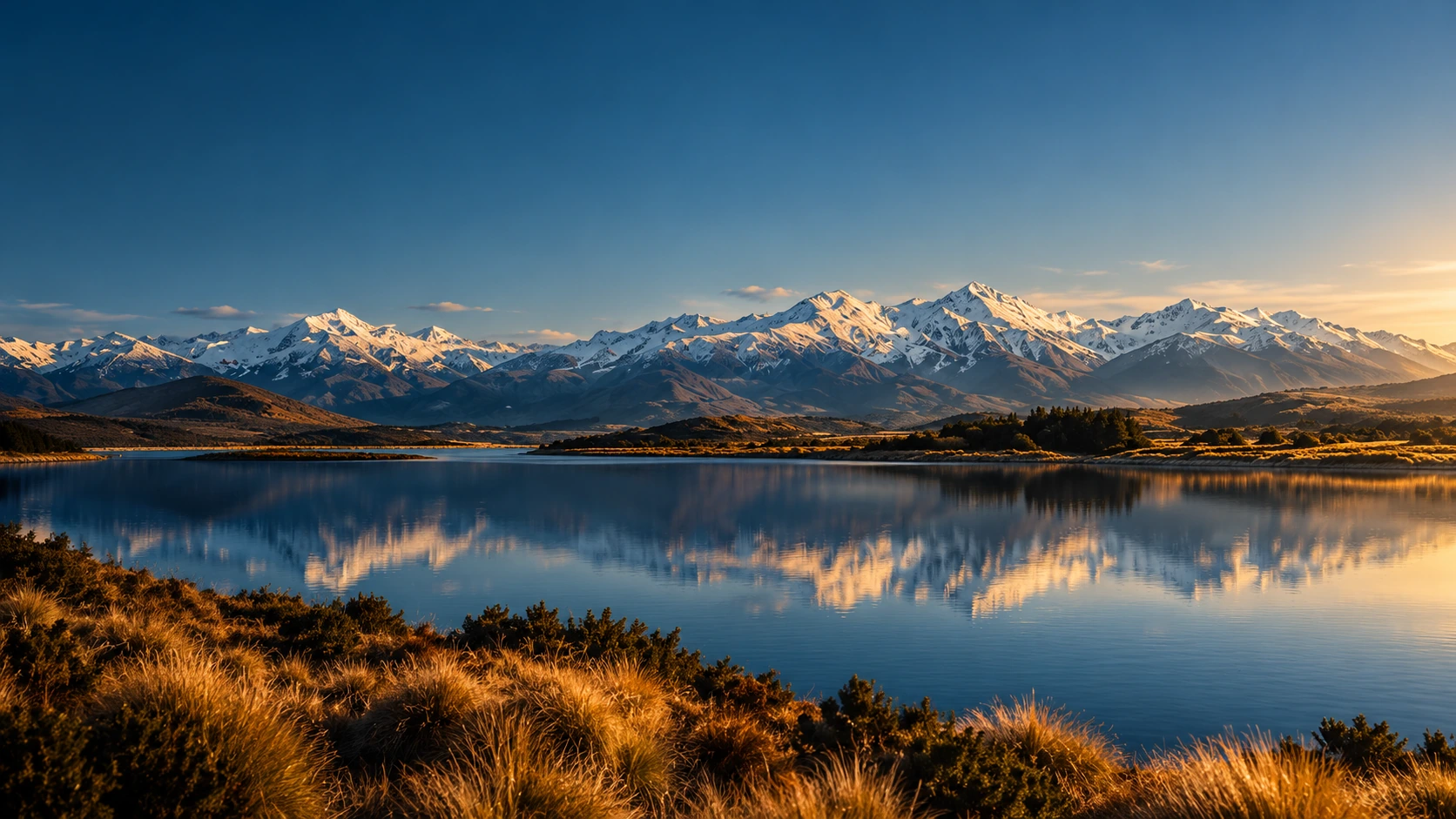 Snow-covered mountains reflected in a high-country lake